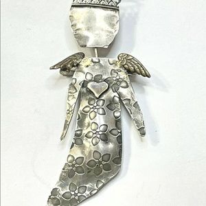 RIKA Signed Sterling Silver Angel Brooch Pin Embossed Design